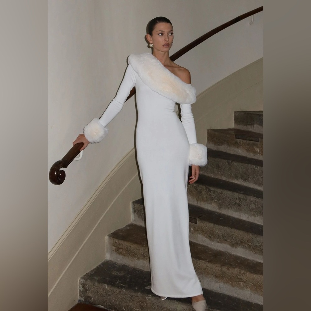 Meshki White fur lined One Shoulder Dress